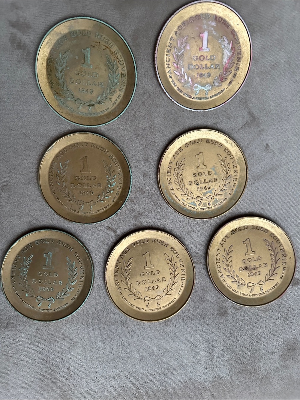 Vintage Ancient Age Bourbon Gold Dollar plastic coasters set of 7